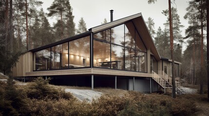 Fototapeta premium Modern and nordic style luxury house exterior panoramic windows, AI generated with panoramic windows
