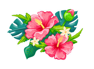 Red flowers of Hawaiian hibiscus on a background of green tropical leaves, vector illustration isolated on a white background.