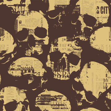 Seamless pattern with human skulls and texture of pieces of newspapers. Vector background with sinister smiling skulls in retro style. Graphic print for clothes, fabric, wallpaper, wrapping paper
