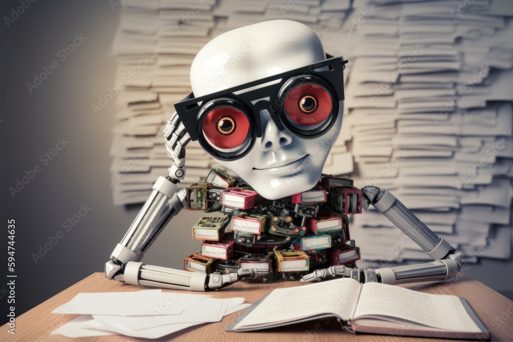 Poster a robot sitting at a desk with a lot of books. ai generative image.
