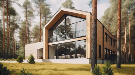 Nordic style airy and light  house exterior with wooden details, AI generated 