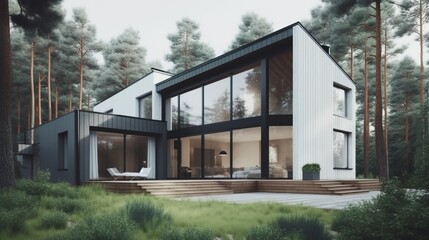 Fototapeta na wymiar Scandinavian and modern vibe house exterior with panoramic windows, AI generated 