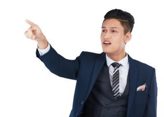 Touch, pointing and business man isolated on transparent, png background for question, ideas and advertising. Thinking, curious and corporate employee or person wow, hand gesture for offer or promo