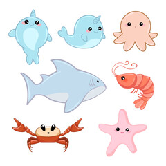 Marine set of cute kawaii marine. ocean animals shark, starfish, lobster, crab, octopus, narwhal cartoon style baby elements for wrap design, wallpapers, cards