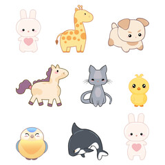 Obraz premium Set of cute kawaii animals bunny with a heart, chick, cat, puppy, dog, giraffe, killer whale, duck, bird, funny horse, pony in cartoon style children's elements for wrap design, wallpapers, cards