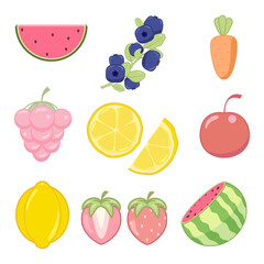 Cute set of kawaii edible vegetables and fruits, berries, sour lemon citrus fruits, ripe watermelon, cherries, strawberries, carrots, blueberries in cartoon style children's elements for wrap design, 