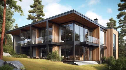 Fototapeta na wymiar Scandinavian contemporary house exterior with panoramic glass windows to the forest, AI generated 