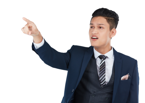 Touch, pointing and business man isolated on transparent, png background for question, ideas and advertising. Thinking, curious and corporate employee or person wow, hand gesture for offer or promo