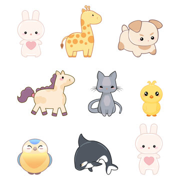 Set of cute kawaii animals bunny with a heart, chick, cat, puppy, dog, giraffe, killer whale, duck, bird, funny horse, pony in cartoon style children's elements for wrap design, wallpapers, cards