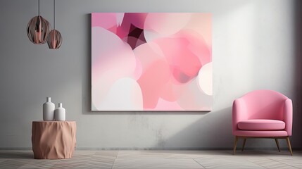 Online webinar Zoom background in a modern and contemporary minimalist gallery style with pops of pastel pink color in big art. Created using generative AI.