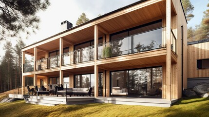 Fototapeta premium Modern and nordic style luxury house exterior panoramic windows, AI generated with panoramic windows