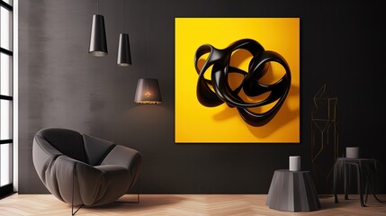 Online webinar Zoom room background in a modern and contemporary minimalist gallery style with pops of black and marigold color in big art. Created using generative AI.