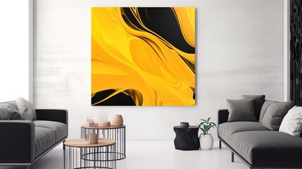 Online webinar Zoom room background in a modern and contemporary minimalist gallery style with pops of black and marigold color in big art. Created using generative AI.