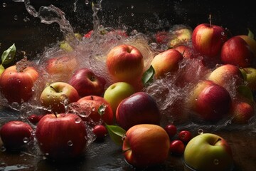 Fototapeta na wymiar fresh red green apple water splash on black background,generative ai.