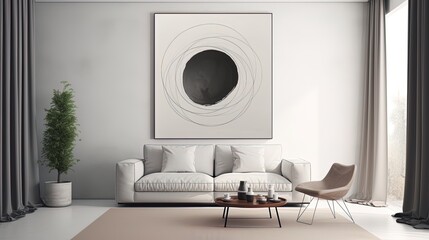 Online webinar Zoom room background in a modern and contemporary minimalist gallery style with pops of black, white, and grey color in big art. Created using generative AI.