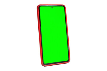 Celular con pantalla verde, de lado, en fondo blanco full, horizontal con funda roja