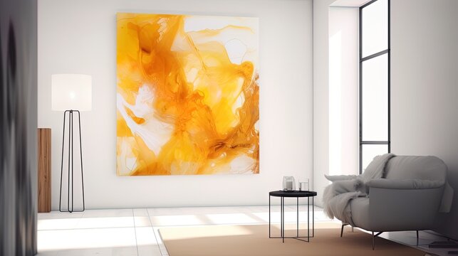 Online webinar Zoom room background in a modern and contemporary minimalist gallery style with pops of yellow and marigold color in big art. Created using generative AI.