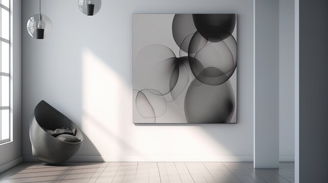 Online webinar Zoom room background in a modern and contemporary minimalist gallery style with pops of black, white, and grey color in big art. Created using generative AI.