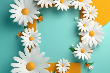 Fototapeta premium Frame made of beautiful daisies on color background, top view. Generative AI 