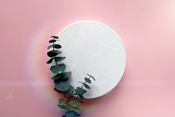 Top view of white round podium with green eucalyptus branch on pink background. Trendy rainbow...