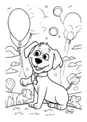 Dog Character Vector, Coloring Book Page with Dog, Coloring page outline of a cute dog, coloring page with Animal character 