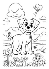 Dog Character Vector, Coloring Book Page with Dog, Coloring page outline of a cute dog, coloring page with Animal character 