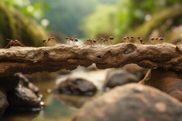 Naklejka na ściany i meble A group of ants on a log teamwork with a blurred background Generative AI