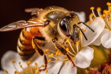 Fototapeta premium A bee sits on a flower with a flower in the background Generative AI