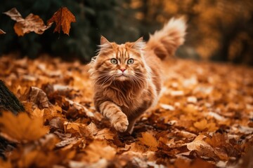 Naklejka na ściany i meble A cat running through the leaves of autumn Generative AI