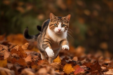 Naklejka na ściany i meble A cat running through the leaves of autumn Generative AI