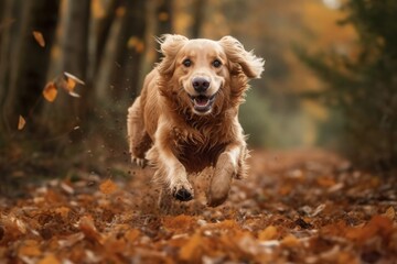A dog running through a forest with leaves on the ground Generative AI