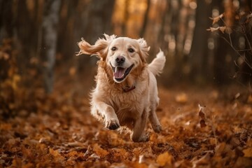 A dog runs through the autumn leaves Generative AI