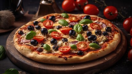 A pizza with mushrooms and olives on it Generative AI