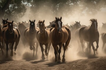 Horses running on a path in a field Generative AI