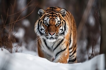 Fototapeta na wymiar A tiger walking through the snow Generative AI