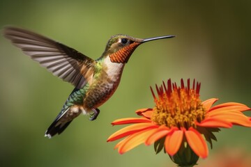 Fototapeta na wymiar Close-up photograph of a hummingbird in mid-flight, hovering in front of a flower