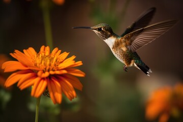 Fototapeta na wymiar Close-up photograph of a hummingbird in mid-flight, hovering in front of a flower
