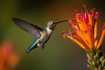 Naklejka na ściany i meble Close-up photograph of a hummingbird in mid-flight, hovering in front of a flower