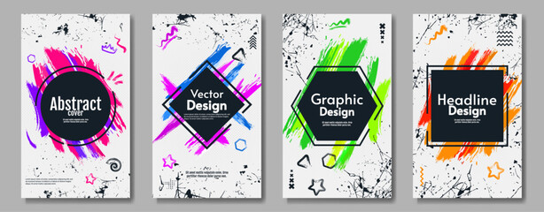 Set of abstract brochures or flyers, ink with colorful paint brush and scratches, white backdrop. Design for cover, poster, banner, postcard, magazine.