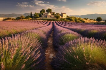 Fototapeta na wymiar A lavender field in provence with a house in the background Generative AI