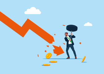 Businessman  uses sledgehammer and breaks falling chart. Restraint fall in stock quote. Economic crisis. Flat vector illustration