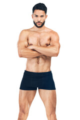 Portrait, arms crossed or man in underwear for fitness after workout isolated on transparent png background. Male model, serious or healthy person or athlete with muscles after exercise or training