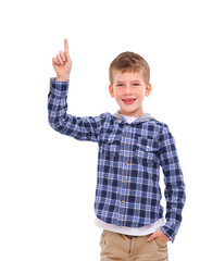 Child, boy and portrait pointing finger for idea, advertising or marketing announcement and news. Happy little kid point gesture in solution or casual fashion isolated on a transparent PNG background