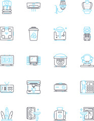 Home entertainment linear icons set. Television, Music, Movie, Gaming, Sports, Theater, Speakers line vector and concept signs. Soundbar,Projector,Streaming outline illustrations
