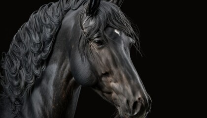 Naklejka na ściany i meble Beautiful young black horse isolated on black background generative ai