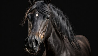 Naklejka na ściany i meble Beautiful young black horse isolated on black background generative ai