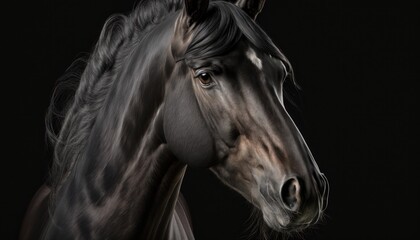 Obraz na płótnie Canvas Beautiful young black horse isolated on black background generative ai