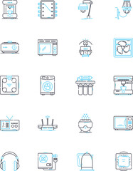 Electronic devices linear icons set. Smartph, Tablet, Laptop, Television, Speaker, Headphs, Camera line vector and concept signs. Dr,Smartwatch,Router outline illustrations