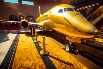 Unrealistic expensive business jet private golden shining color plane with open door gangway near the gold carpet. Generative AI