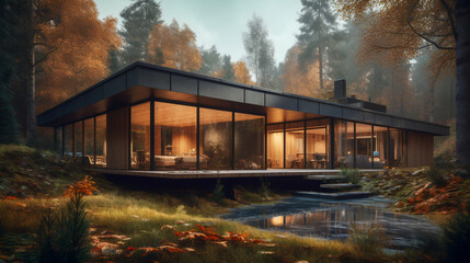 Fototapeta na wymiar 3D visualization of a modern private house in the forest. cozy home. generated by ai